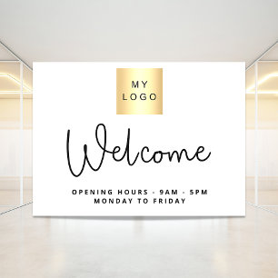 Business logo welcome opening hours white black