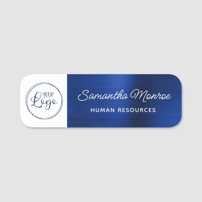 Business Logo White and Royal Navy Blue Foil Name Tag (Front)