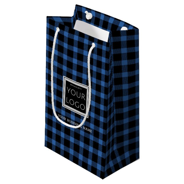 Business Logo With Name Promotional  Blue Plaid Small Gift Bag (Front Angled)