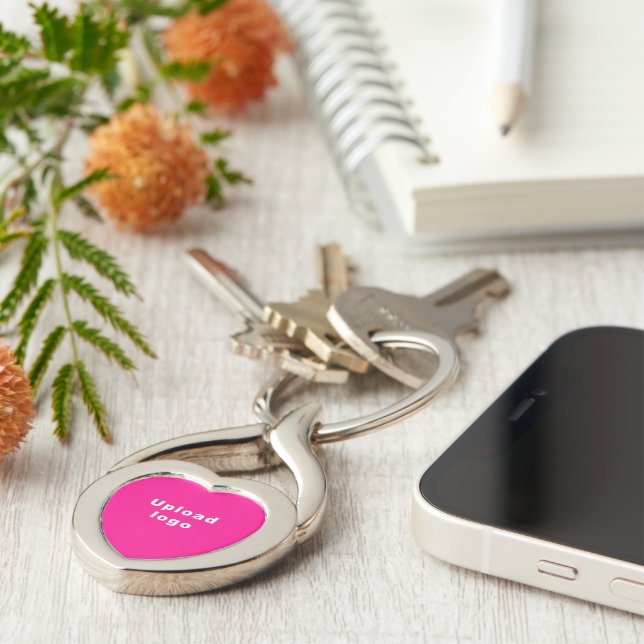 Business Logo With Pink Background on Heart Metal Key Ring (Side)