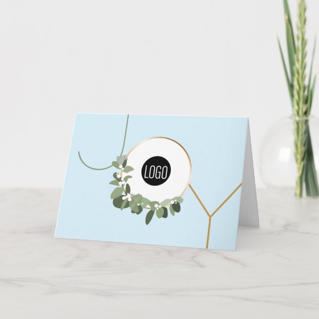 Business Logo Wreath Happy Holidays light Blue Joy Holiday Card (Front)