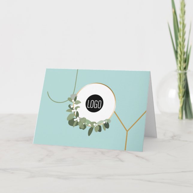 Business Logo Wreath teal Blue green Modern Joy Holiday Card (Front)