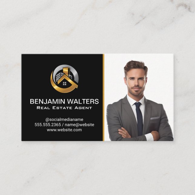 Business Man | Gold Metallic Real Estate Logo Business Card (Front)