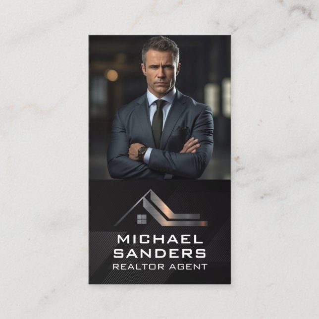 Business Man in Suit | Real Estate Logo Metallic Card (Front)