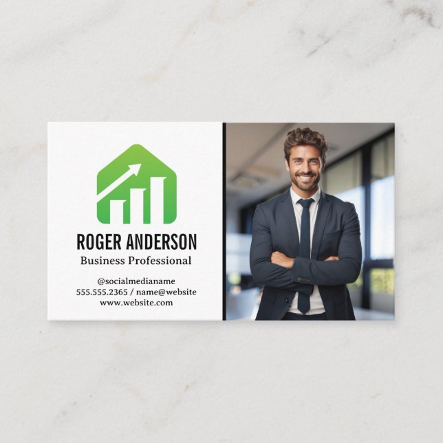 Business Man Smiling in Office | Financial Logo Card (Front)