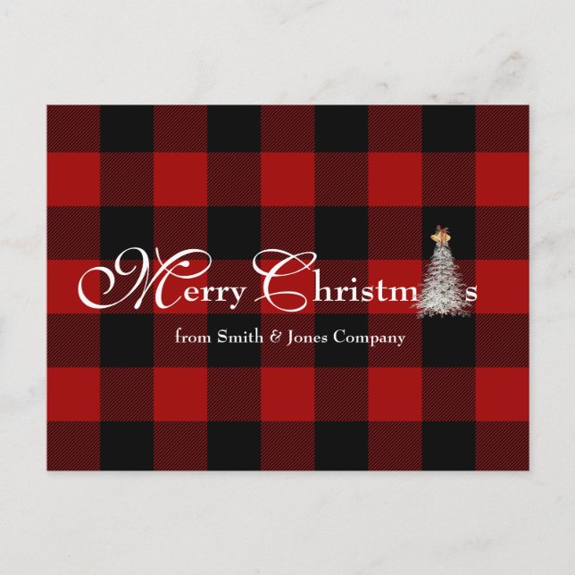 business Merry Christmas greeting on buffalo plaid Holiday Postcard (Front)