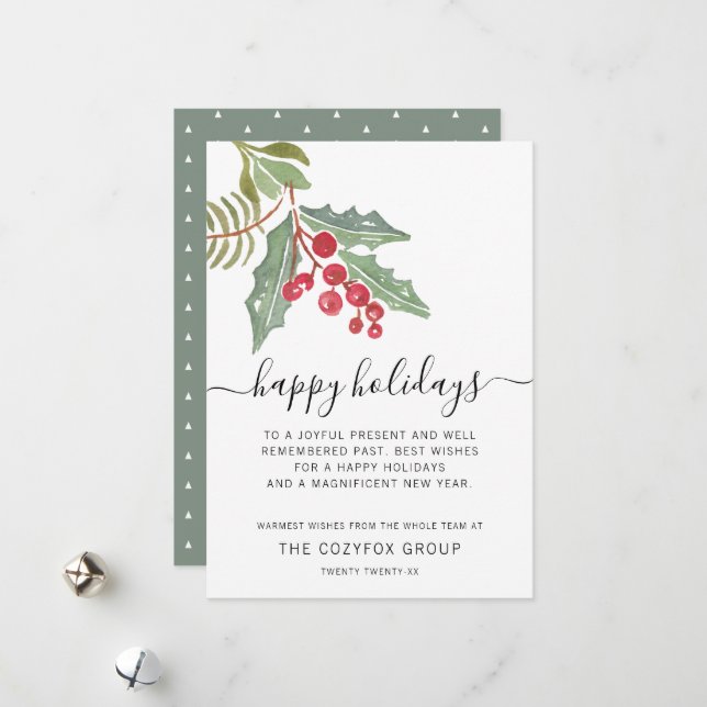 Business Modern Script Holly Berry Holiday Card (Front/Back In Situ)