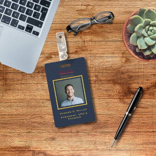 Business Monogram Logo Modern Navy Red Gold Photo ID Badge
