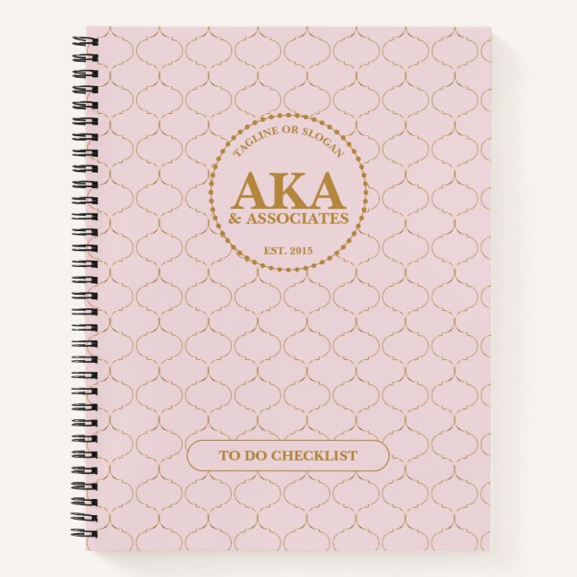 Business Monogram Pink Gold Trellis Checklist Notebook (Front)