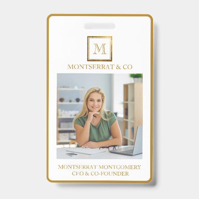 Business Monogram Square Gold Frame Red Diamond ID Badge (Front)