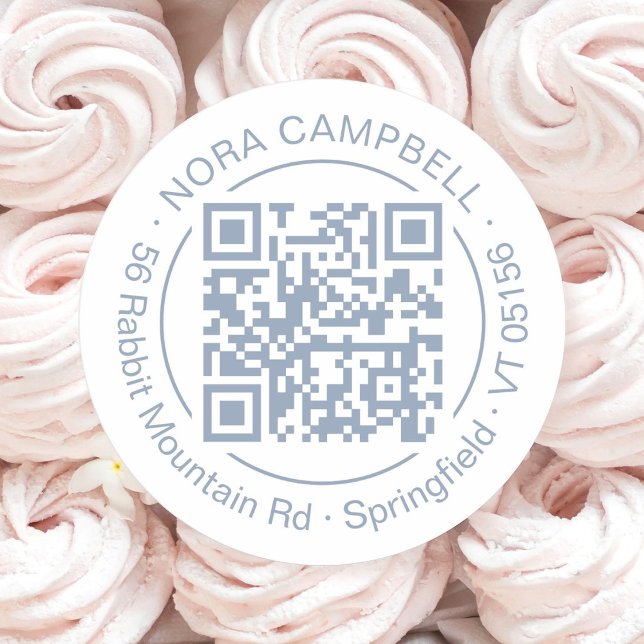 Business Name Address Round QR Code Dusty Blue Classic Round Sticker (Modern, elegant business name, QR code round sticker with circle frame in dusty blue.)