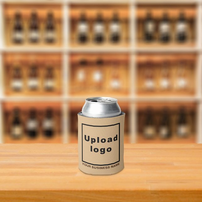 Business Name and Logo Light Brown Can Cooler (Build brand name awareness. Your business brand on light brown can cooler.)