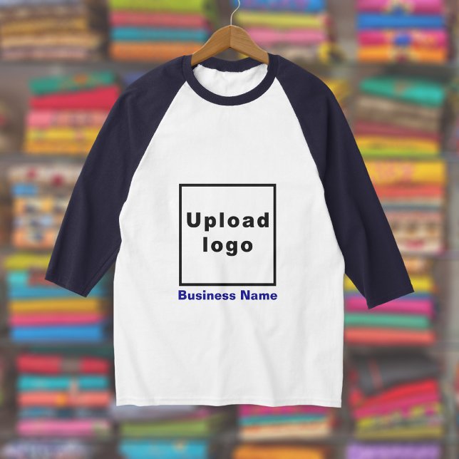 Business Name and Logo, Navy and White 3/4 Sleeve T-Shirt (Navy and white 3/4 sleeve t-shirt with your business name and logo displayed in a store)