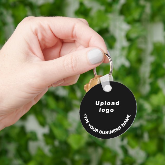 Business Name and Logo on Black Round Aluminium Key Ring (Hand)
