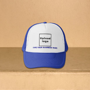 Business Name and Logo on Blue and White Trucker Hat
