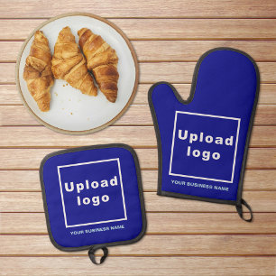 Business Name and Logo on Blue Oven Mitt & Pot Holder Set