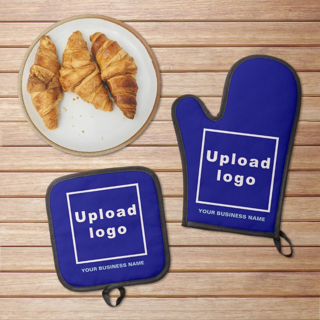 Business Name and Logo on Blue Oven Mitt & Pot Holder Set (Business name and logo on blue oven mitt and pot holder set)