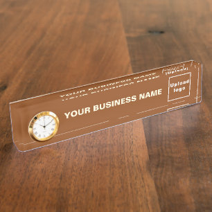 Business Name and Logo on Brown Acrylic With Clock Nameplate