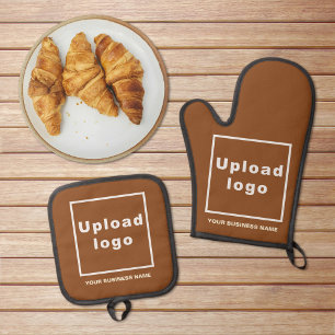 Business Name and Logo on Brown Oven Mitt & Pot Holder Set