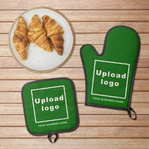 Business Name and Logo on Green Oven Mitt & Pot Holder Set