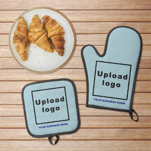 Business Name and Logo on Light Blue Oven Mitt & Pot Holder Set