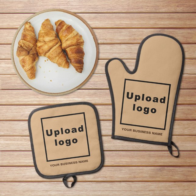 Business Name and Logo on Light Brown Oven Mitt & Pot Holder Set (Business name and logo on light brown oven mitt and pot holder set)