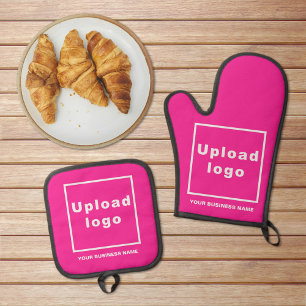 Business Name and Logo on Pink Oven Mitt & Pot Holder Set