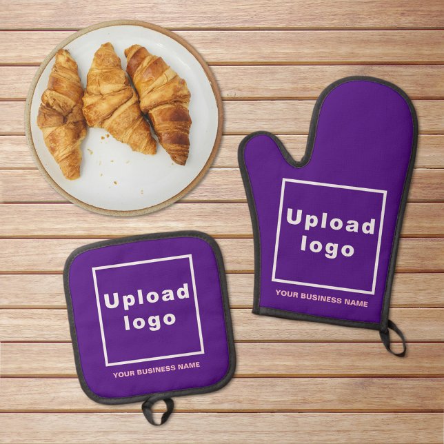 Business Name and Logo on Purple Oven Mitt & Pot Holder Set (Business name and logo on purple oven mitt and pot holder set)