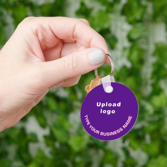 Business Name and Logo on Purple Round Aluminium Key Ring (Hand)