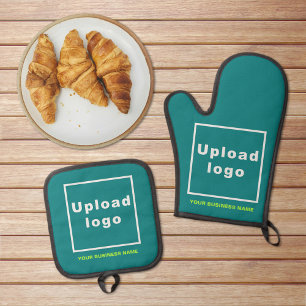 Business Name and Logo on Teal Green Oven Mitt & Pot Holder Set