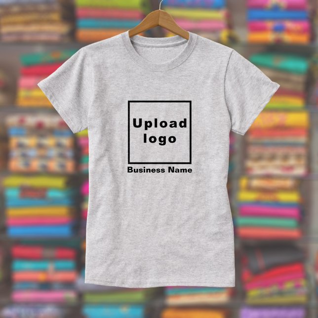 Business Name and Logo on Women's Grey T-Shirt (Women's gray t-shirt with your business name and logo displayed in a store)