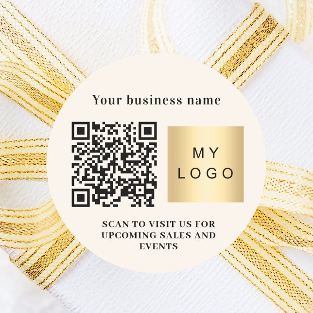 Business name beige logo qr code classic round sticker (Creator Uploaded)