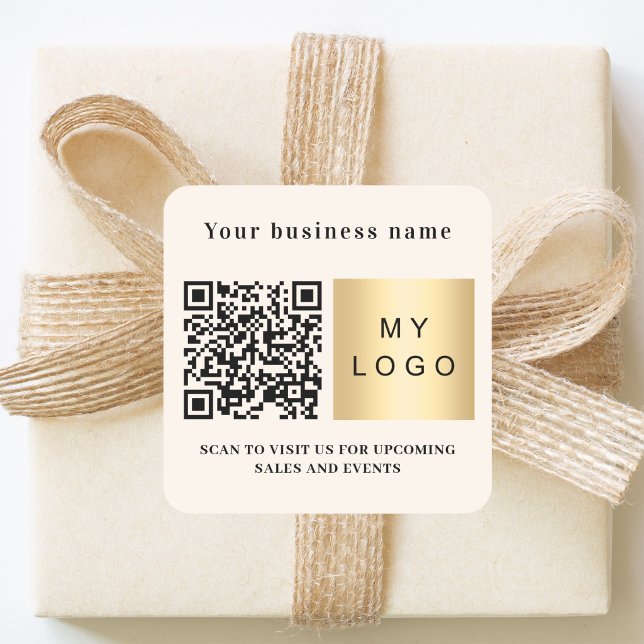 Business name beige logo qr code square sticker (Creator Uploaded)