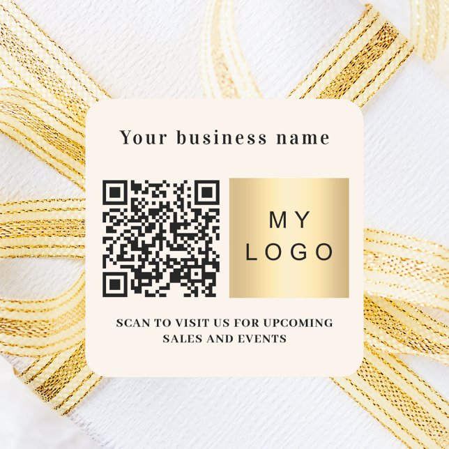 Business name beige logo qr code square sticker (Creator Uploaded)