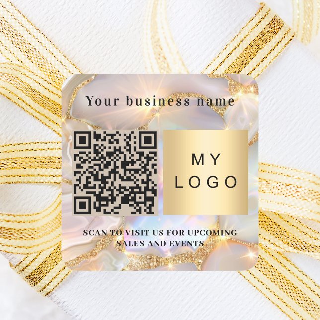 Business name beige opal logo qr code square sticker (Creator Uploaded)