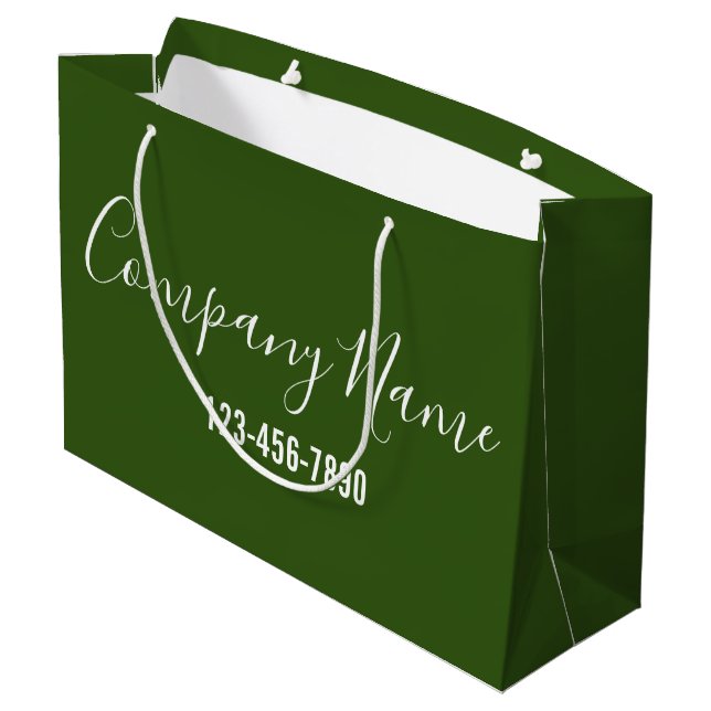 Business Name Green and White Script Phone Number Large Gift Bag (Back Angled)