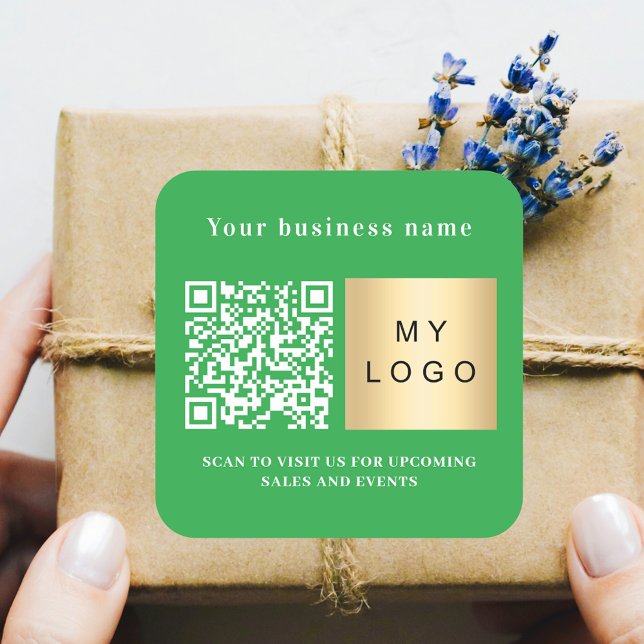 Business name green logo qr code square sticker (Creator Uploaded)