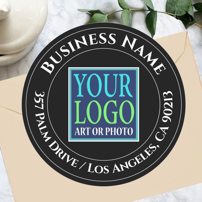 Business Name, Logo, Address, White Text on Black Classic Round Sticker (Creator Uploaded)