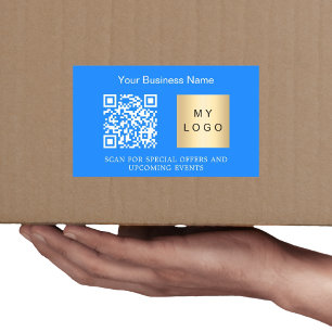 Business name logo qr code bright blue rectangular sticker