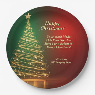 Business Name Message Green Gold Christmas Tree 9" Paper Plate