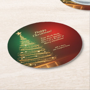 Business Name Message Green Gold Christmas Tree Round Paper Coaster
