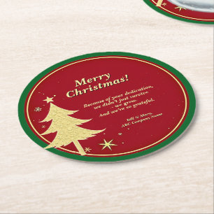Business Name Message Red, Gold Christmas Tree Round Paper Coaster
