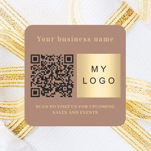 Business name mocha brown logo qr code square sticker
