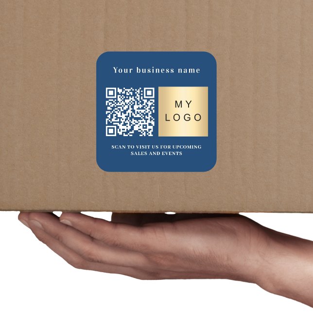 Business name navy blue logo qr code square sticker (Creator Uploaded)