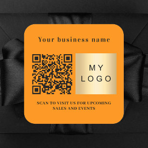 Business name orange logo qr code square sticker