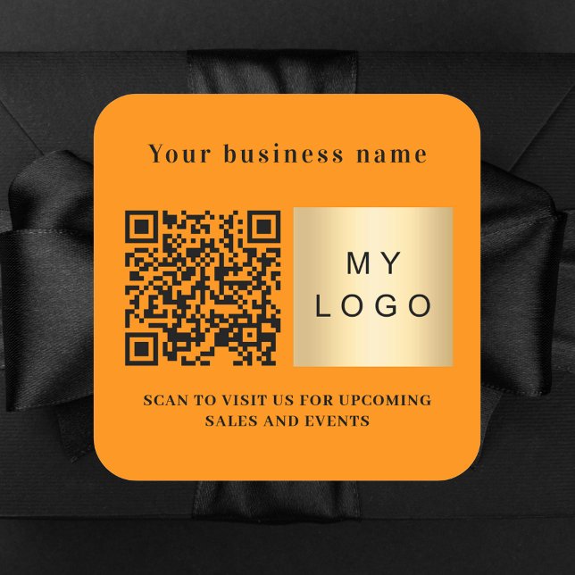 Business name orange logo qr code square sticker (Creator Uploaded)