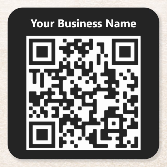 Business Name plus QR Code on a Square Paper Coaster (Front)
