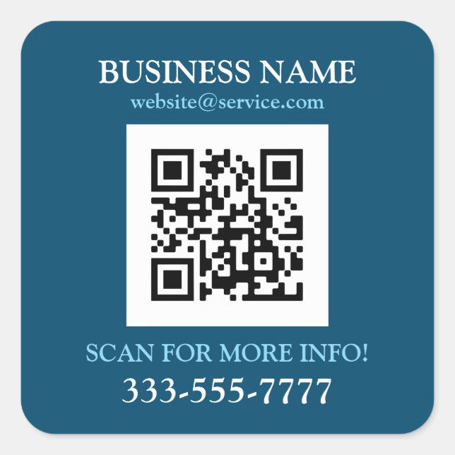 Business Name Promo, QR Code, Ocean Blue & White Square Sticker (Front)