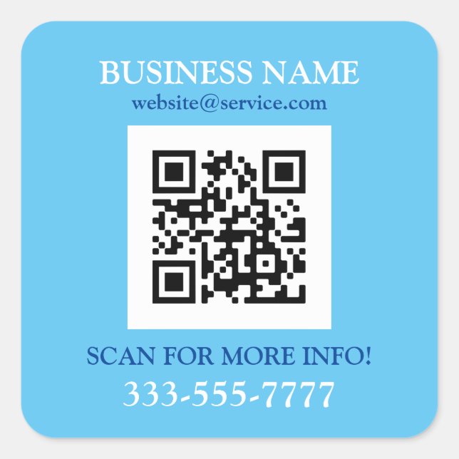 Business Name Promo, QR Code, Sky Blue & White Square Sticker (Front)