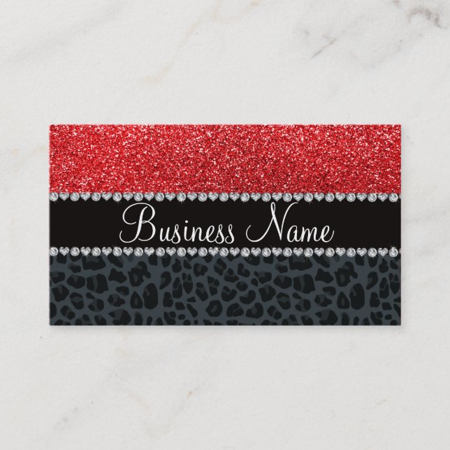 Business name red glitter grey leopard card (Front)